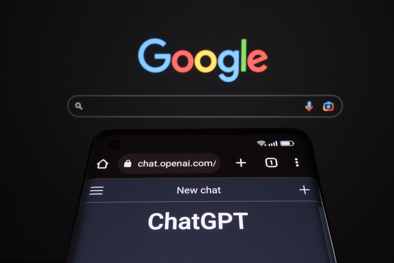 ChatGPT chat bot page seen on smartphone and laptop display with