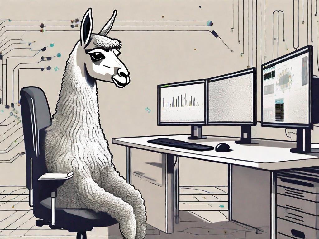 A llama sitting at a computer desk with multiple monitors