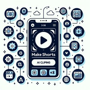 DALL·E 2023 10 22 18.24.40 Vector graphic of a smartphone displaying the MakeShorts app. Around the phone icons represent the platforms key features like AI Clipping Autof