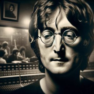 DALL·E 2023 10 28 22.28.40 Nostalgic black and white photo of John Lennon showcasing his signature round glasses with a backdrop of a recording studio reflecting his deep inv
