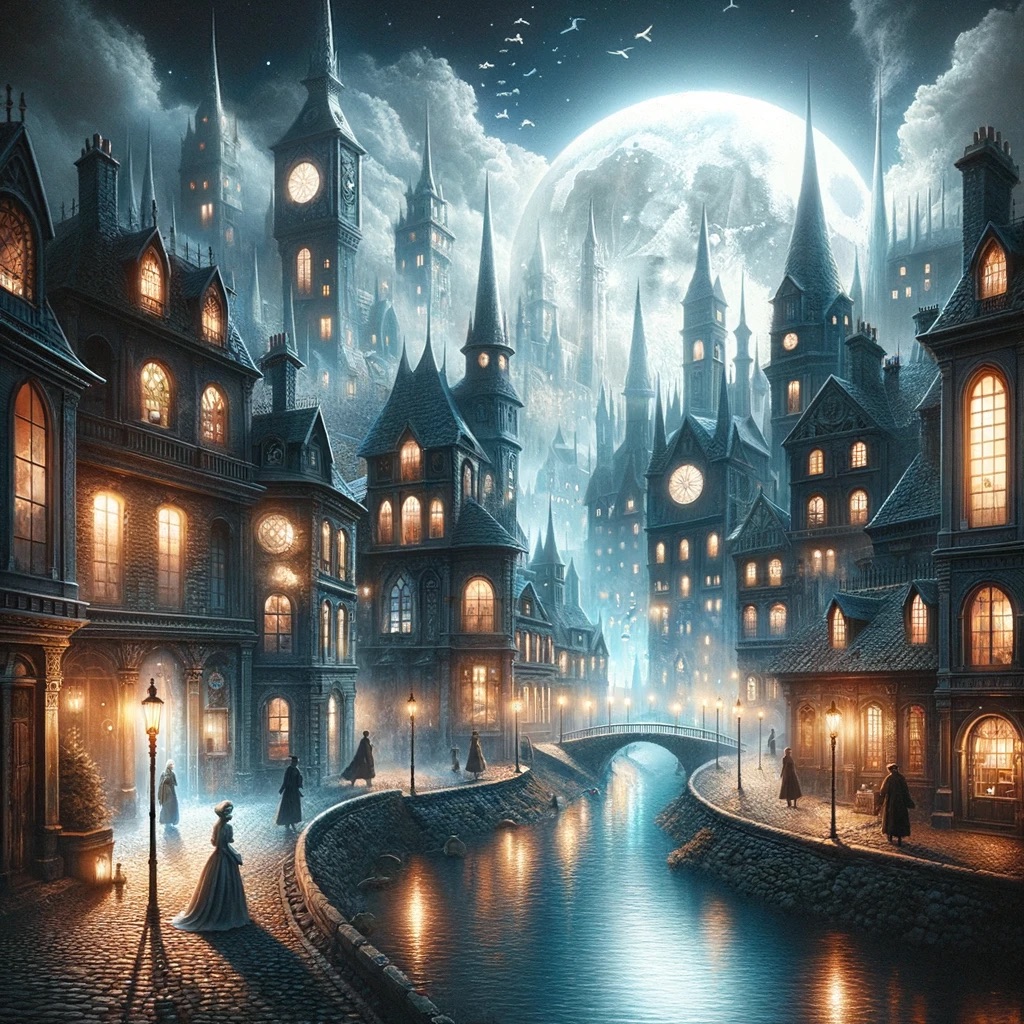 DALL·E 2023 11 06 19.12.26 A highly detailed digital painting of an imaginative Victorian era cityscape under the ethereal glow of a full moon. The scene is rich with Gothic arc