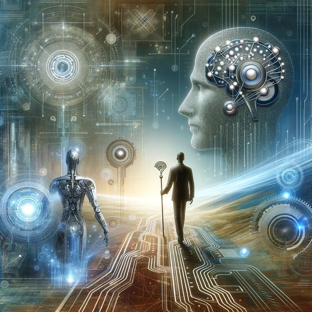 DALL·E 2023 11 22 21.03.34 A conceptual image symbolizing leadership and innovation in artificial intelligence featuring abstract representations of AI technology futuristic e