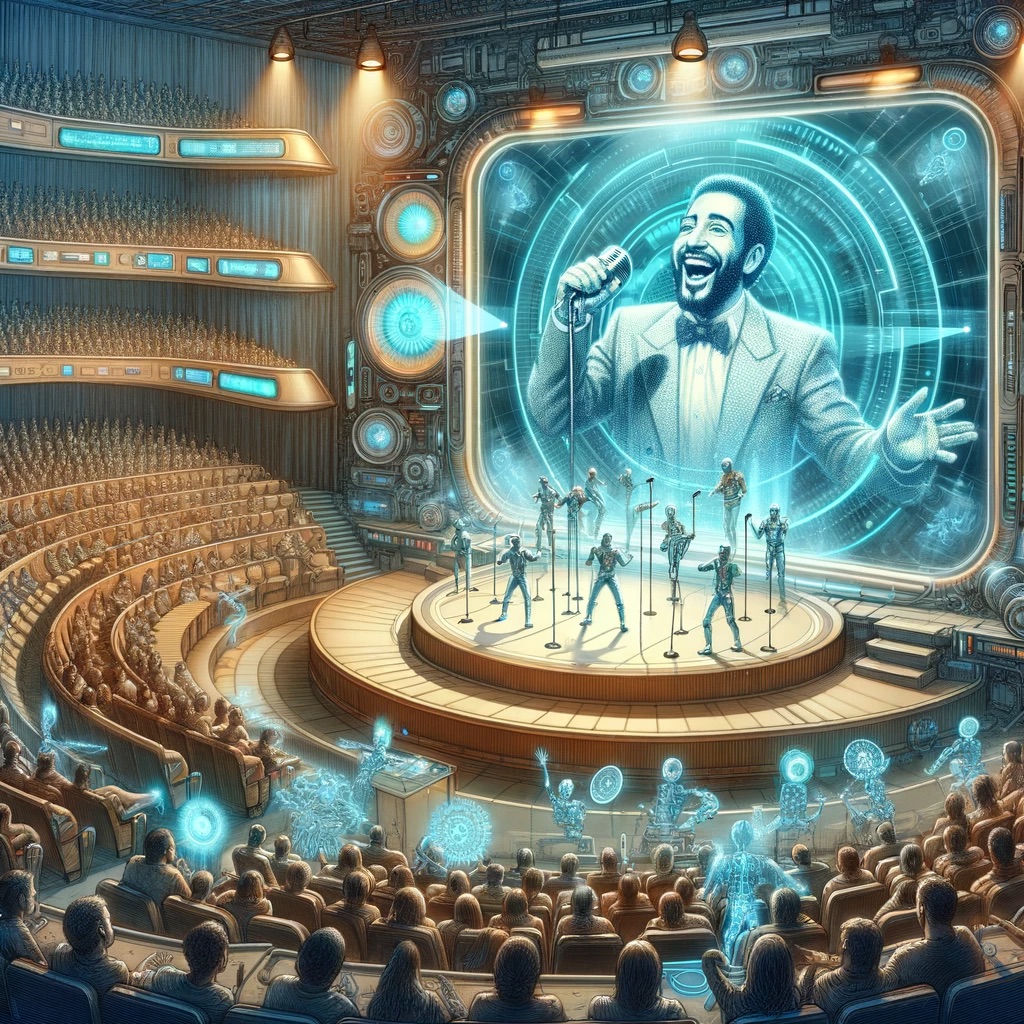 DALL·E 2024 01 16 10.23.12 An imaginative depiction of a futuristic comedy stage where a holographic projection of a legendary comedian is performing. The comedian represented