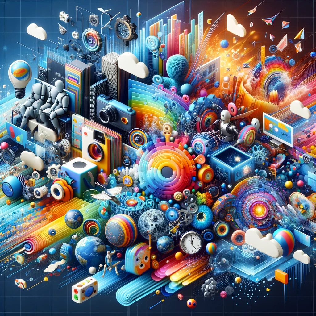 DALL·E 2024 01 18 22.23.23 A dynamic and colorful collage of various AI generated visuals showcasing the diverse capabilities of Arcade.Studio. The image should include element