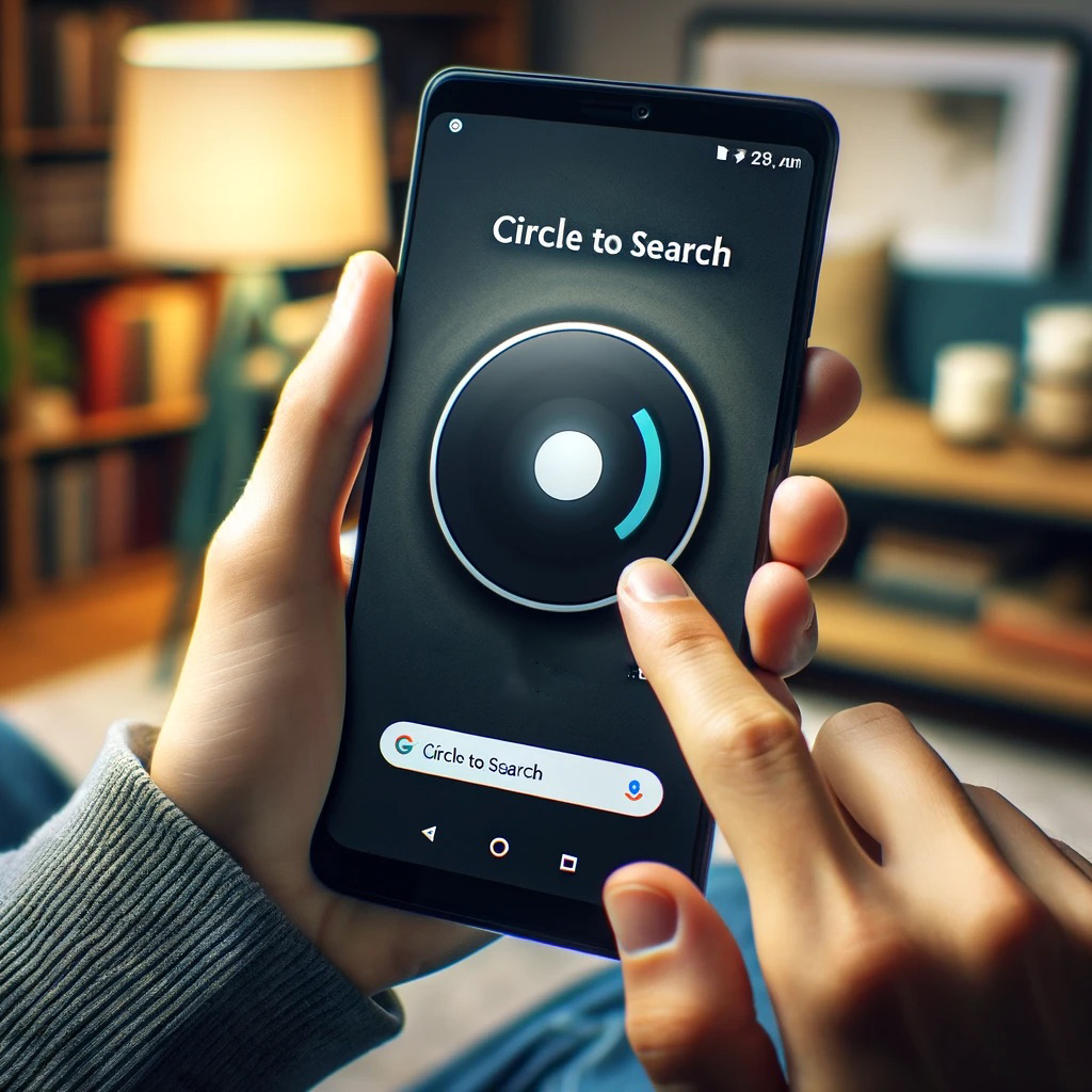 DALL·E 2024 01 19 20.23.49 A person holding an Android smartphone displaying the Circle to Search feature. The phone screen shows a video paused and the users finger is circli