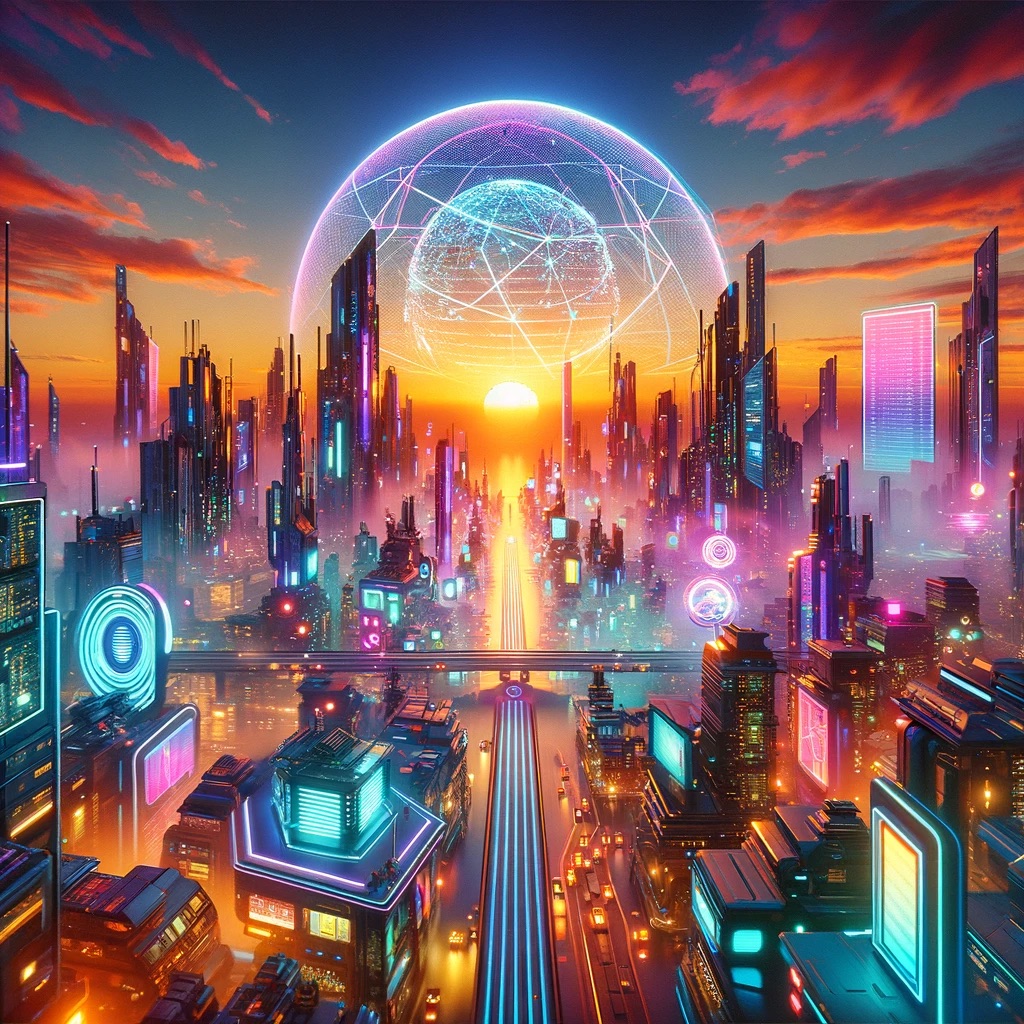DALL·E 2024 01 20 23.55.39 Create an image depicting a vibrant futuristic cyberpunk city at sunset with neon lights and advanced technology reflecting the cutting edge capabi