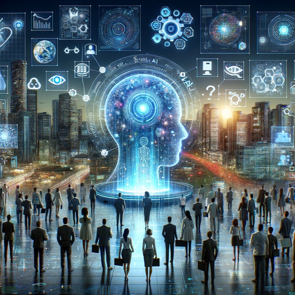 DALL·E 2024 01 30 22.21.32 Envision a futuristic scene where advanced AI technology and innovation are at the forefront. In the center a sleek digital interface hovers in mid