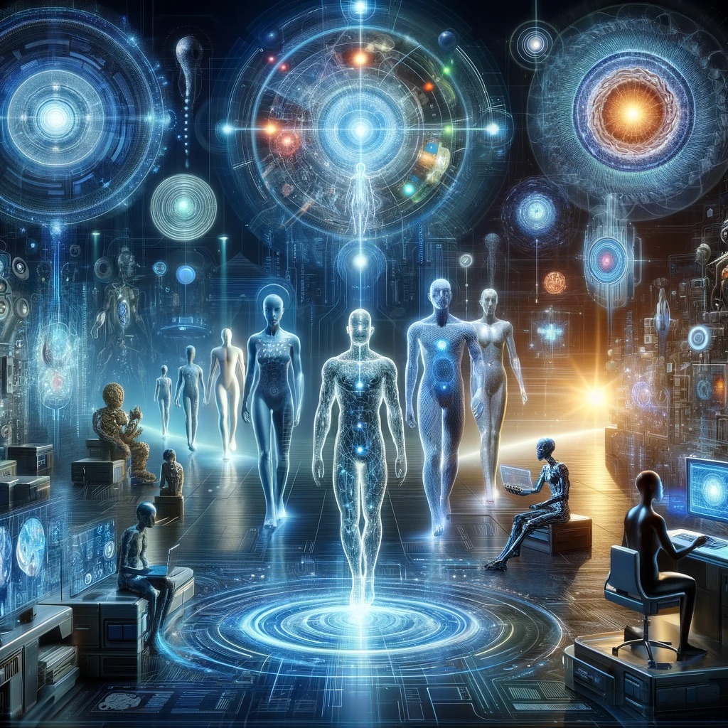 DALL·E 2024 01 31 23.30.29 A futuristic scene illustrating the concept of the Singularity as envisioned by Ray Kurzweil. The image shows a harmonious blend of human intelligence