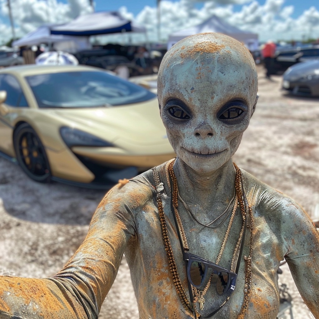 phill.ai gray alien posing for a selfie in front of a Lamborg 8e71dc0d 2c3d 424d 8edd 1caf0187e1c6 1
