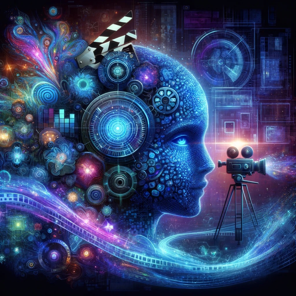 DALL·E 2024 02 03 13.48.21 Create an image that blends elements of advanced AI technology with the creative process of filmmaking and digital art. The composition should include