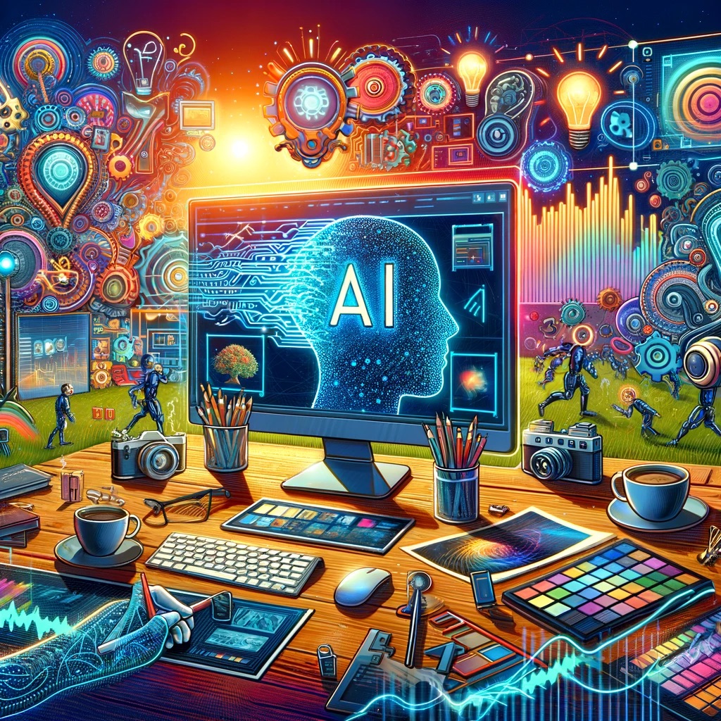 DALL·E 2024 02 05 21.16.51 Create an engaging and vibrant digital illustration that showcases the process of creating AI video shorts. The image should include a creative worksp