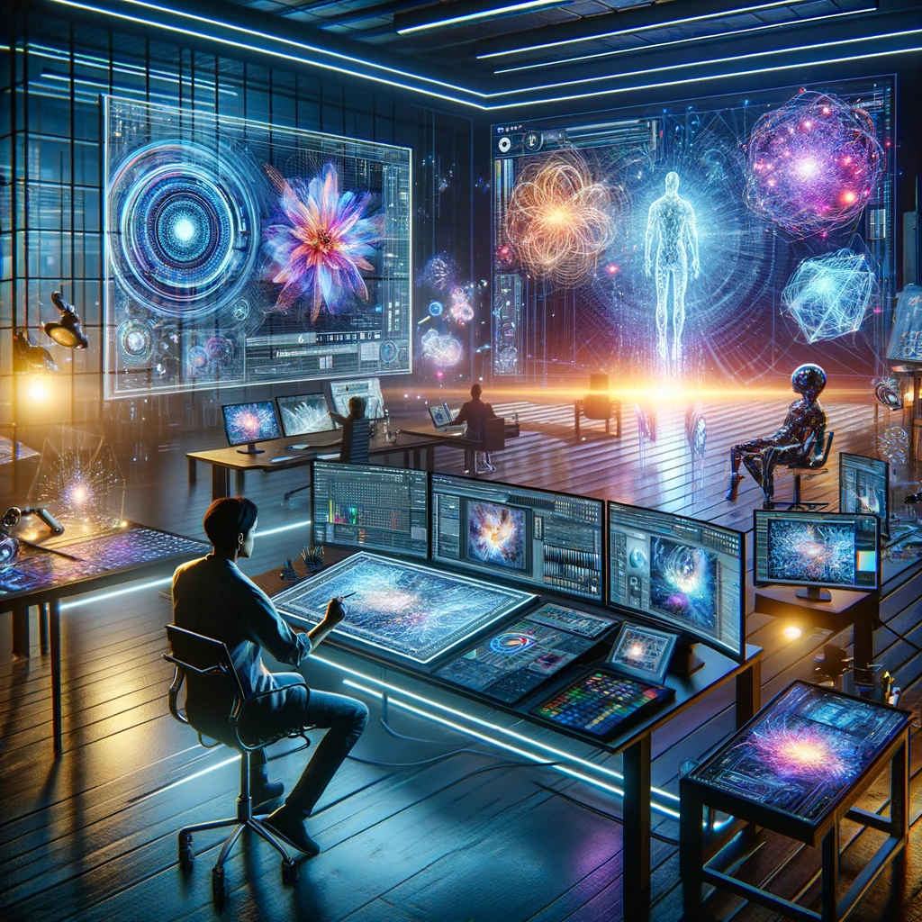 DALL·E 2024 02 11 22.08.21 Visualize a futuristic workspace where an artist collaborates with an advanced AI system to create stunning digital art. The scene is filled with high